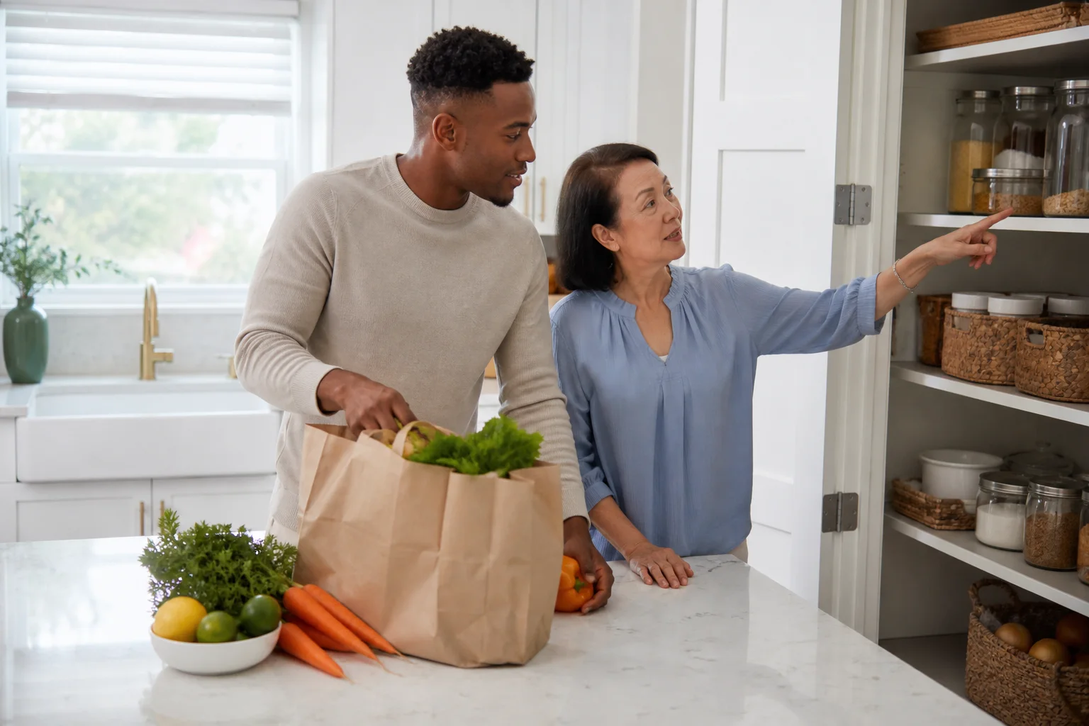 An older woman and her son putting groceries within easy reach at home